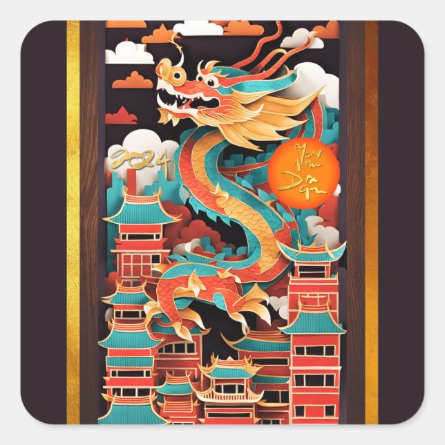 Sticker Carré Cute Chinoise Nouvel An Dragon Origami SqS2 (Devant)