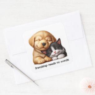 Sticker Carré Cute Chiot et Kitten Cuddin Meilleurs amis