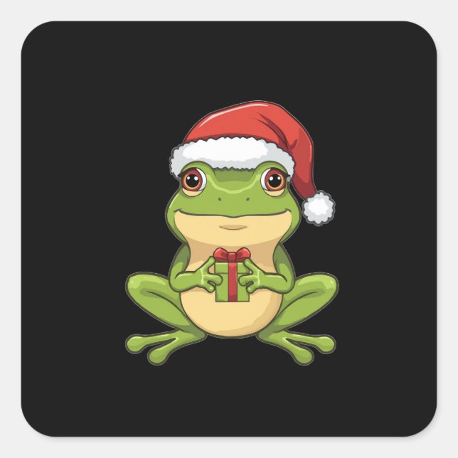 Sticker Carré Cute Christmas Frog with Santa Hat Holding  Gift - (Devant)