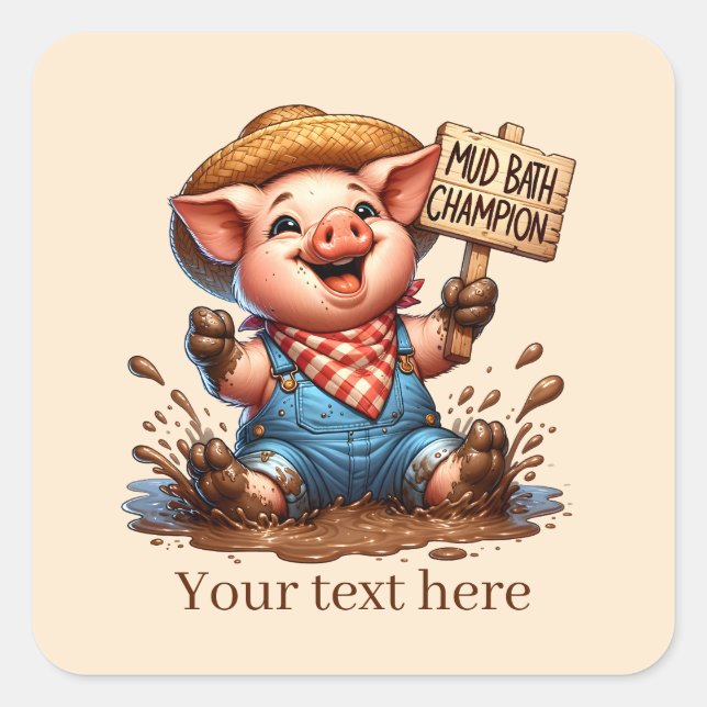 Sticker Carré Cute Country boue bain porc ajouter du texte (Devant)
