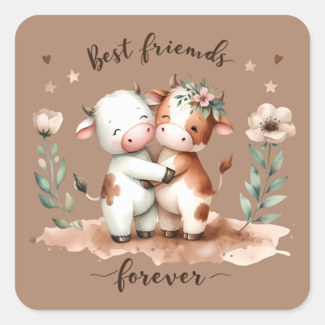 Sticker Carré Cute Cow Meilleurs amis Hug Floral Art (Devant)