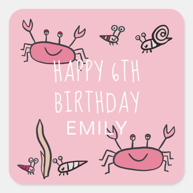Sticker Carré Cute Crabe Rose Animaux de mer Fille Joyeux Annive (Devant)