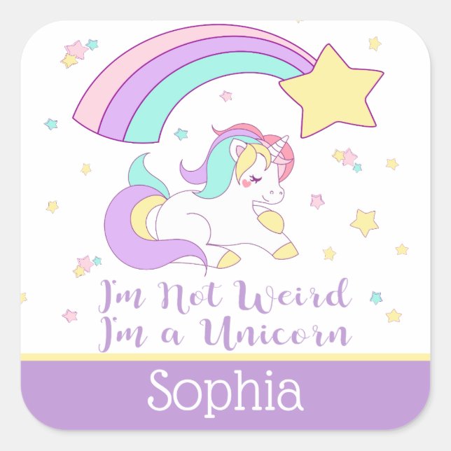 Sticker Carré Cute Custom Personalized Magical Rainbow Unicorn (Devant)