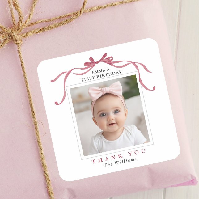 Sticker Carré Cute Deep Blush Pink Bow Birthday Thank You  (Créateur téléchargé)