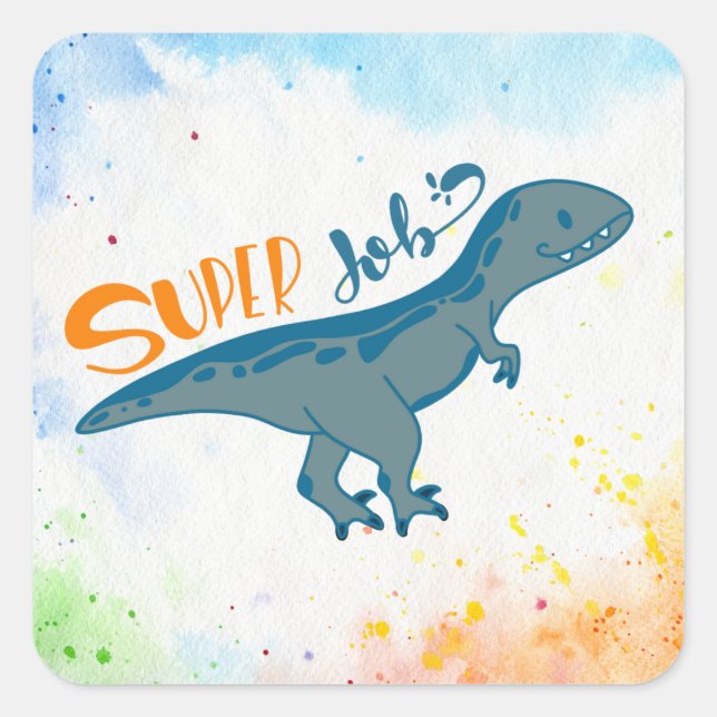 Sticker Carré Cute Dino Super Job Professeur Récompense Étudiant (Devant)