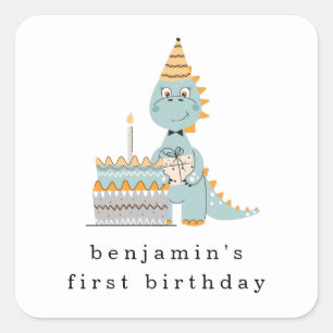 Sticker Carré Cute Dinosaur Nom du gâteau 1ère fête d'anniversai