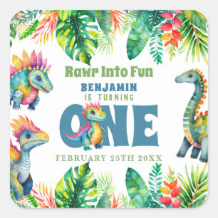 Sticker Carré Cute Dinosaur Thème 1er Anniversaire Garçon Aquare
