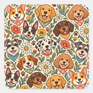 Sticker Carré Cute Dogs and Colorful Floral Pattern