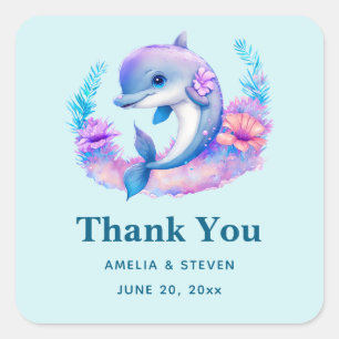 Sticker Carré Cute Dolphin Sea Créature Mariage Merci