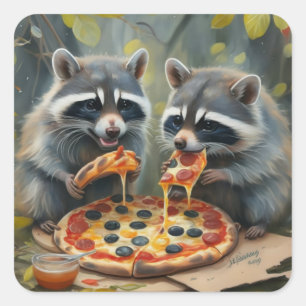 Sticker Carré Cute drôle animaux mangeant une pizza drôle idées 