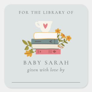 Sticker Carré Cute Dusky empilé Livres Histoires Floral Baby Lib
