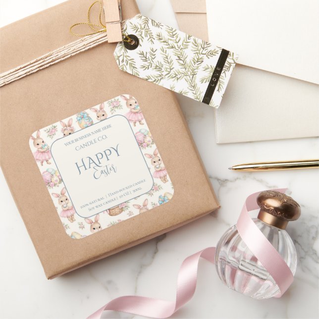 Sticker Carré Cute Easter Bunny Floral Pattern Candle Label (Cadeaux)
