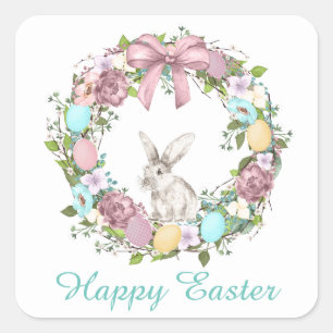 Sticker Carré Cute Easter lapin wreath ajouter message autocolla