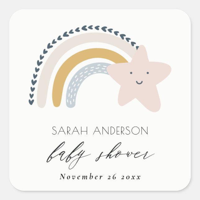 STICKER CARRÉ CUTE ÉLÉGANT BLUSH STAR RAINBOUR BABY SHOWER BLEU  (Devant)