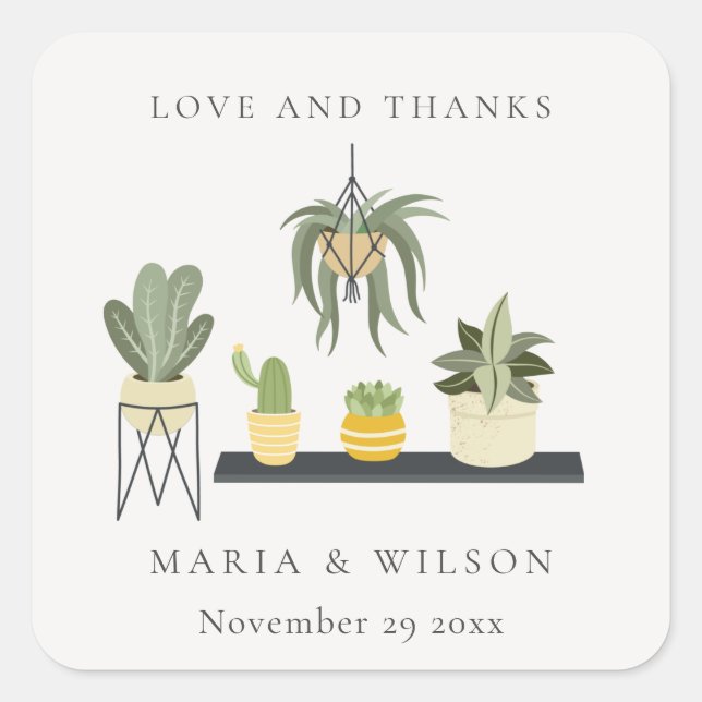 Sticker Carré Cute Elegant Pot Feuilleté Succulent Plante Mariag (Devant)
