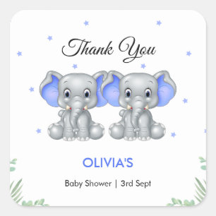 Sticker Carré Cute Elephant Twin Boys Baby shower Merci