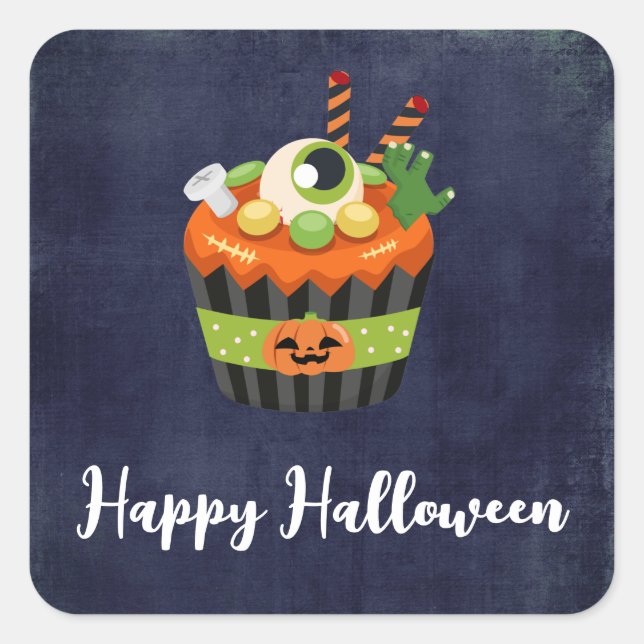 Sticker Carré Cute et Déplaisante Halloween Cupcake avec un Big  (Devant)