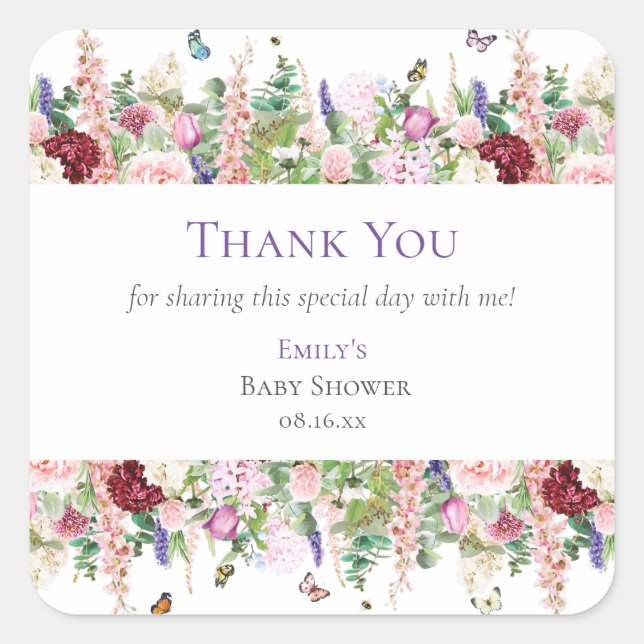 Sticker Carré Cute Floral & Papillons Merci Baby shower (Devant)