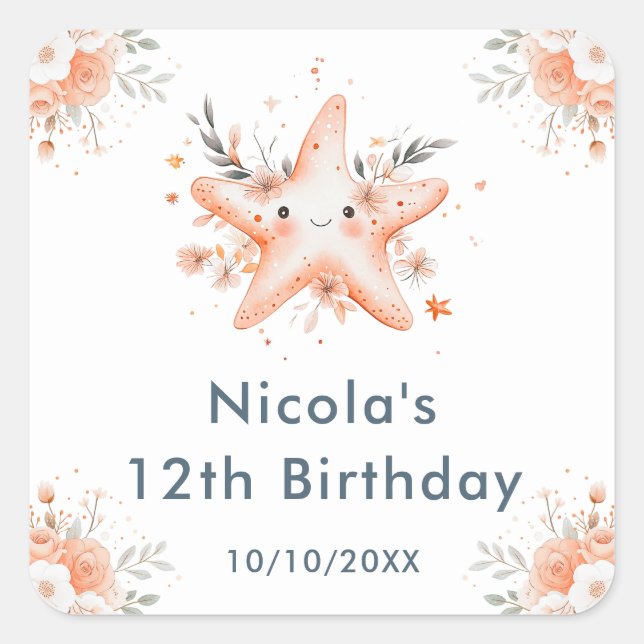 Sticker Carré Cute Floral Starfish Birthday Party (Devant)