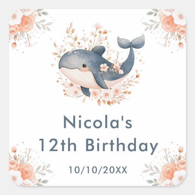 Sticker Carré Cute Floral Whale Birthday Party (Devant)