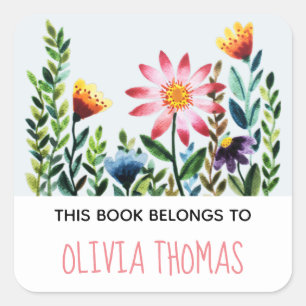 Sticker Carré Cute Flowers 'Ce Livre Appartient' Plaque Enfants