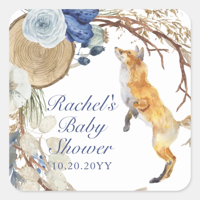 Sticker Carré Cute Fox bois aquarelle Baby shower Floral (Devant)