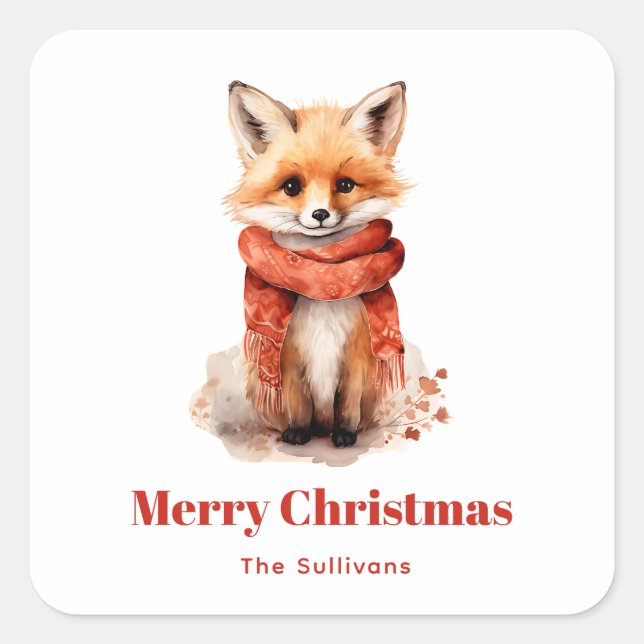 Sticker Carré Cute Fox Pup in a Red Scarf Christmas (Devant)
