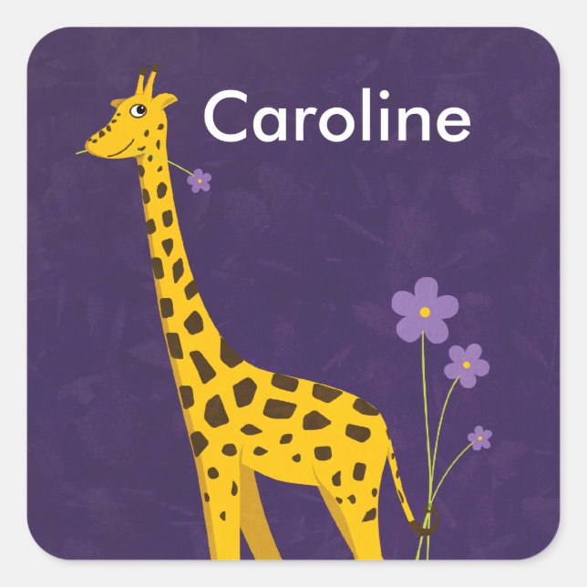 Sticker Carré Cute Giraffe tenant des fleurs violettes personnal (Devant)