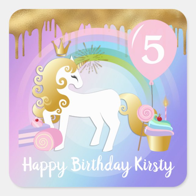 Sticker Carré Cute Gold & White Unicorn Traitements Anniversaire (Devant)