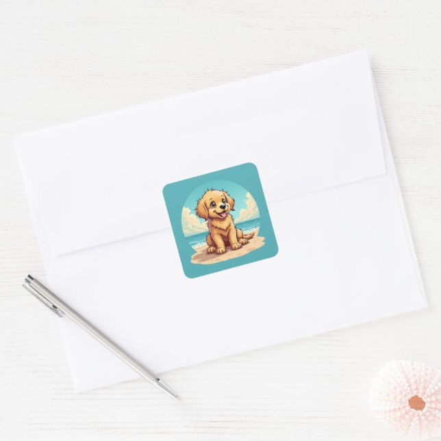 Sticker Carré Cute Golden Puppy at Sunny Beach Scene (Enveloppe)