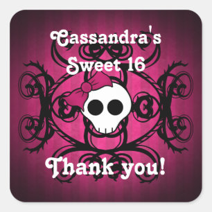 Sticker Carré Cute gothique crâne fuschia et noir doux 16