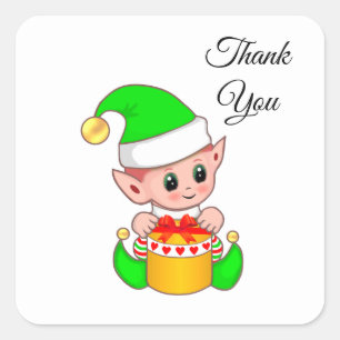 Sticker Carré Cute Green Elf & boîte cadeau sur blanc