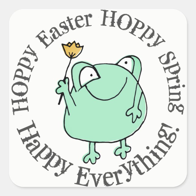 Sticker Carré Cute grenouille offrant une tulipe jaune Hoppy Pâq (Devant)