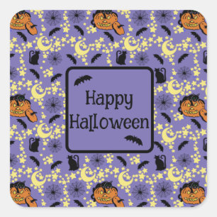 Sticker Carré Cute Halloween Chats, chauves-souris et étoiles