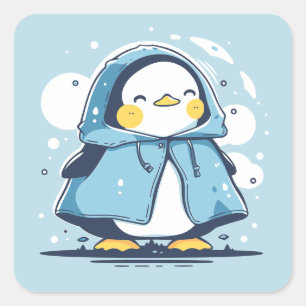 Sticker Carré Cute Happy Adorable Kawaii Penguin en Raincoat