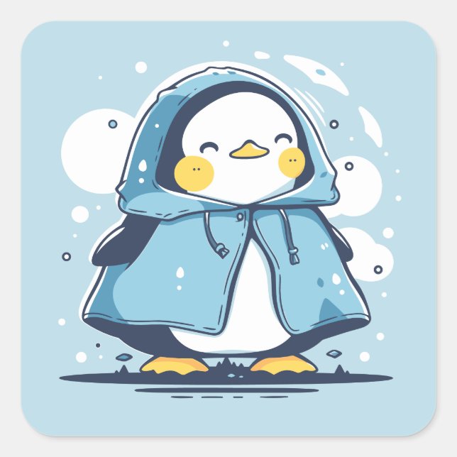 Sticker Carré Cute Happy Adorable Kawaii Penguin en Raincoat (Devant)