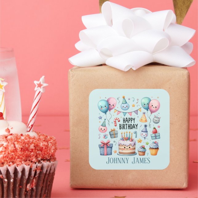Sticker Carré Cute Happy Birthday cake ajouter nom (Fête)