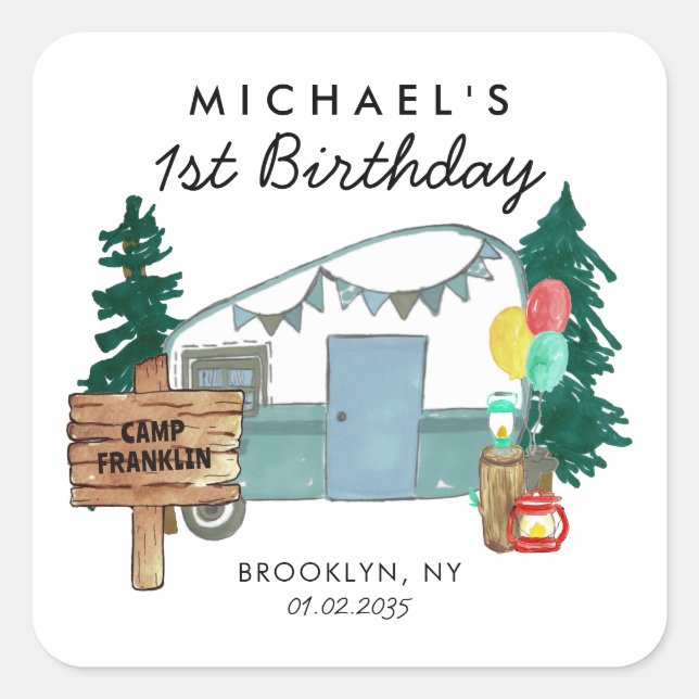 Sticker Carré Cute Happy Camper Van Trees Camping Anniversaire d (Devant)