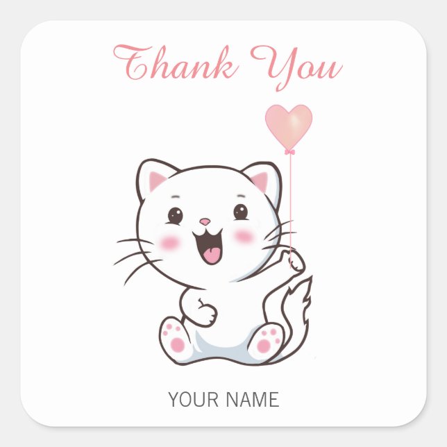Sticker Carré Cute Happy Chat blanc avec Merci de ballon de coeu (Devant)