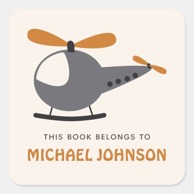 Sticker Carré Cute Helicopter & Kid Boy Name Bookplate (Devant)