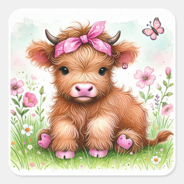 Sticker Carré Cute Highland Vache papillon Fille Anniversaire (Devant)