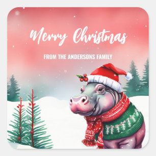 Sticker Carré Cute HIPPO zoo animal Père Noël Noël