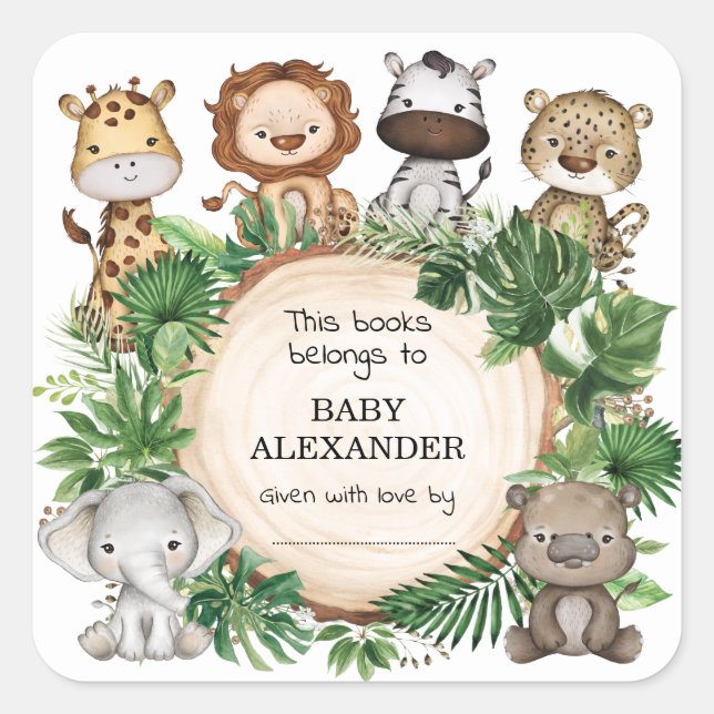 Sticker Carré Cute Jungle Animaux Baby shower Bookplate Étiquett (Devant)