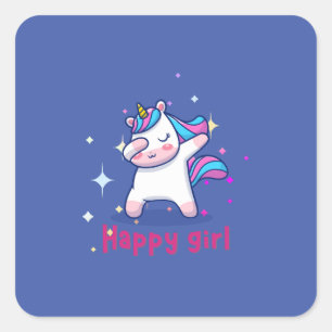 Sticker Carré Cute Kawaii Colorful Rainbow Unicorn Happy Girl