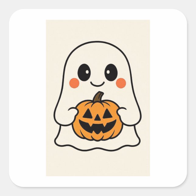 Sticker Carré Cute Kawaii Ghost avec Citrouille (Devant)