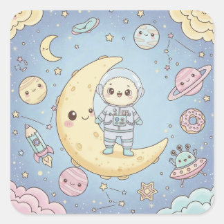 Sticker Carré Cute Kawaii Space - Astronaut and Smiling Moon