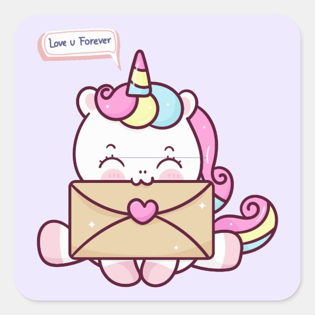 Sticker Carré Cute Kawaii Unicorn Love Illustration (Devant)