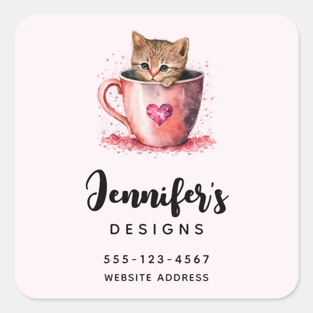 Sticker Carré Cute Kitten dans un Teacup avec Coeur Business (Devant)