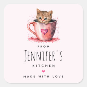 Sticker Carré Cute Kitten dans un Teacup avec Coeur cuisine