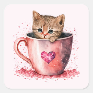 Sticker Carré Cute Kitten dans un Teacup avec les coeurs